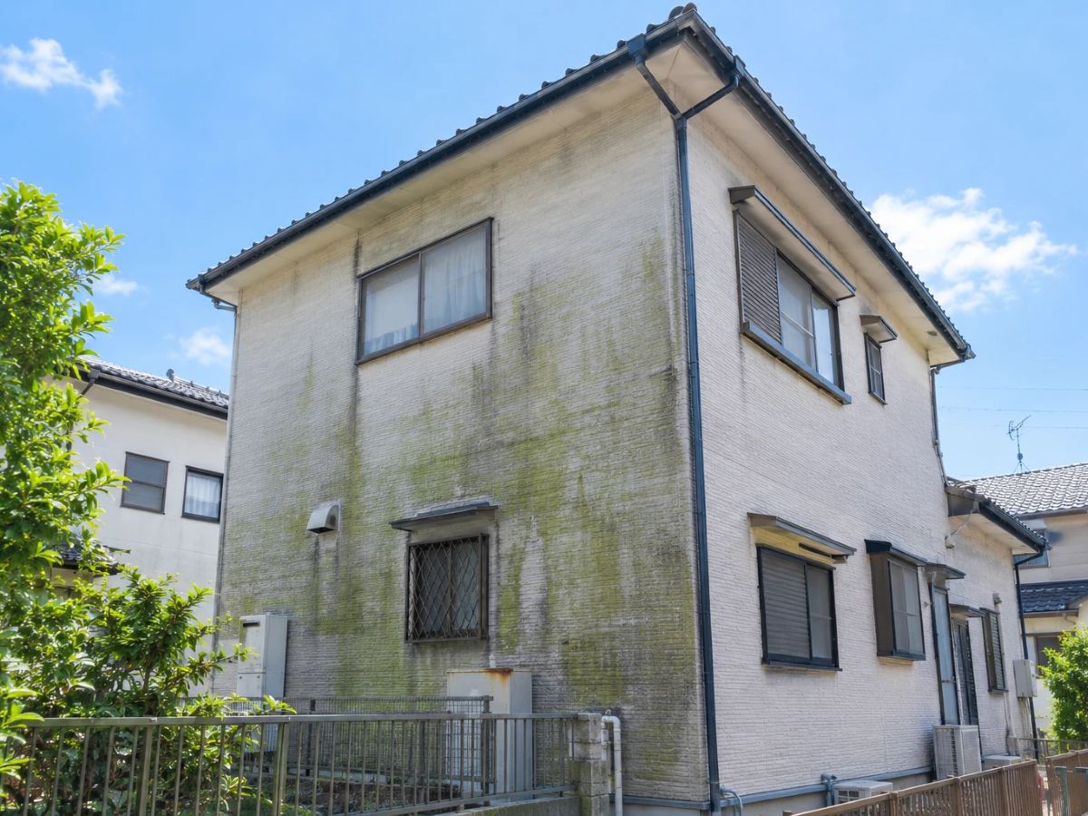 塗装前。北側の壁に、緑色のコケと黒い筋の汚れ