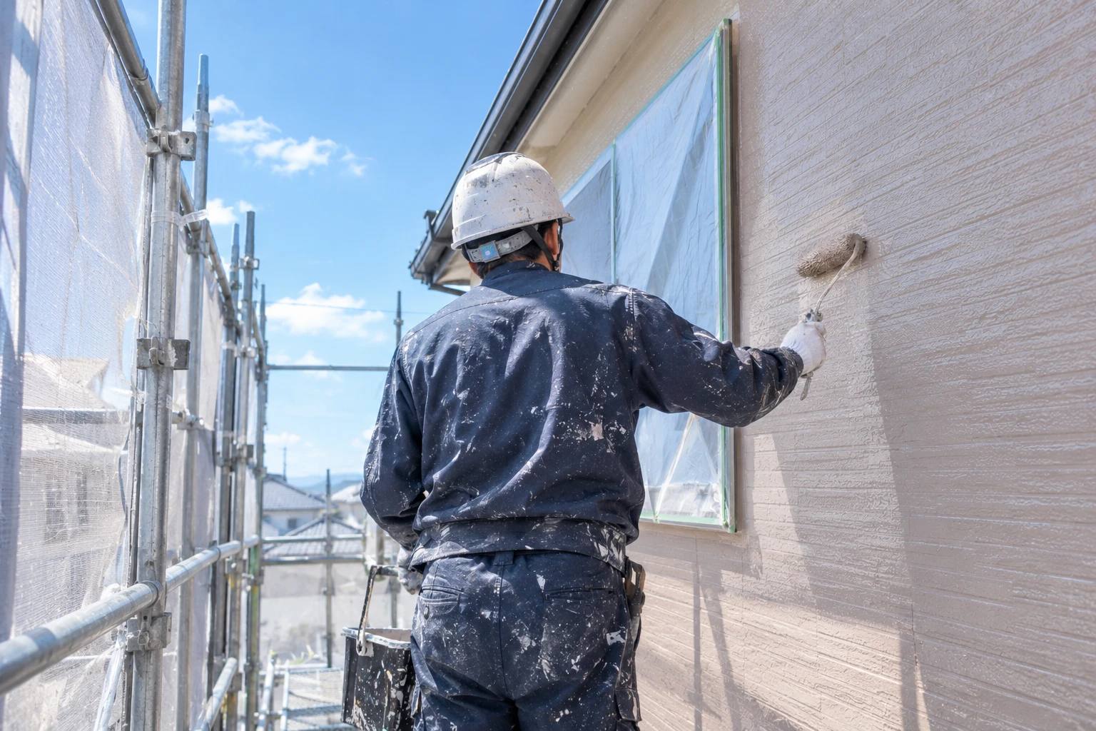 足場の上で外壁を塗る職人の後ろ姿